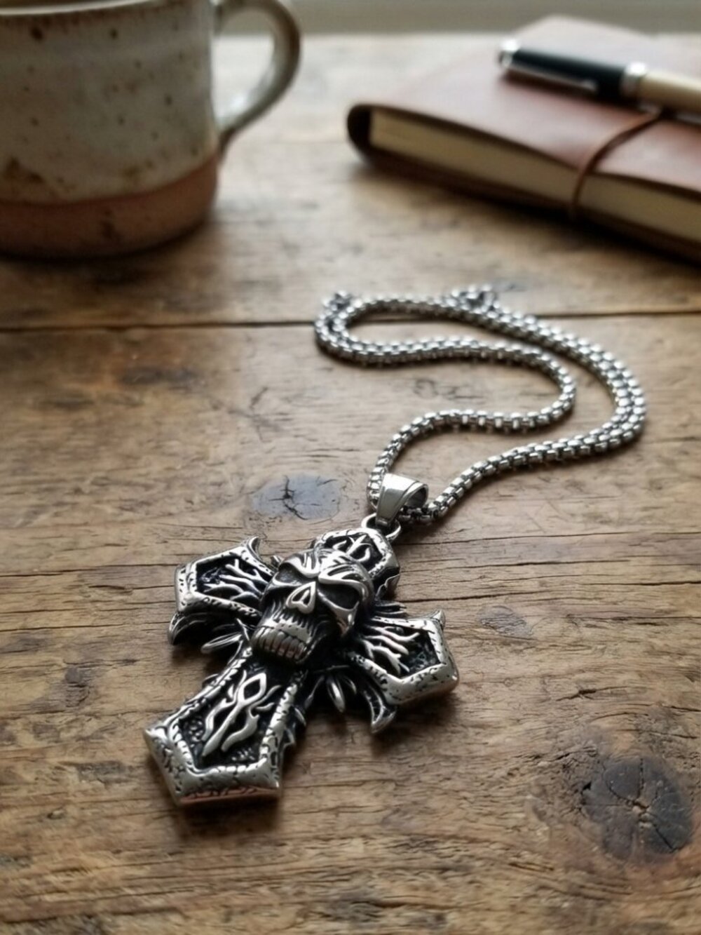 Mens Gothic Skull Cross Pendant Necklace